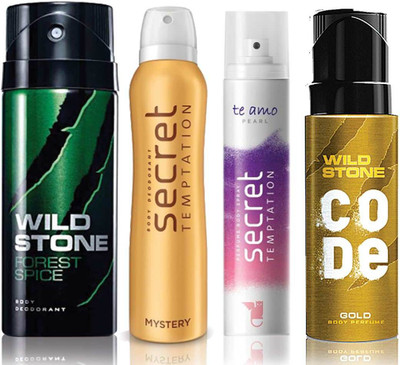 

Wild Stone Forest Spice Deodorant (150 ml), Code Gold Body Perfume(120 ml) and ST Mystery Deodorant (150 ml), Te Amo Pearl Body Perfume (120 ml), Pack of 4 Perfume Body Spray - For Men & Women(540 ml, Pack of 4)