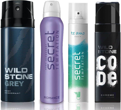 

Wild Stone Grey Deodorant (150 ml), Code Chrome Body Perfume(120 ml) and ST Romance Deodorant (150 ml), Te Amo Aqua Body Perfume (120 ml), Pack of 4 Perfume Body Spray - For Men & Women(540 ml, Pack of 4)