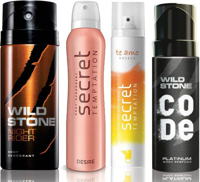 

Wild Stone Night Rider Deodorant (150 ml), Code Platinum Body Perfume(120 ml) and ST Desire Deodorant (150 ml), Te Amo Breeze Body Perfume (120 ml), Pack of 4 Perfume Body Spray - For Men & Women(540 ml, Pack of 4)