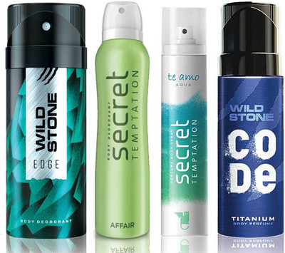 

Wild Stone Edge Deodorant (150 ml), Code Titanium Body Perfume(120 ml) and ST Affair Deodorant (150 ml), Te Amo Aqua Body Perfume (120 ml), Pack of 4 Perfume Body Spray - For Men & Women(540 ml, Pack of 4)
