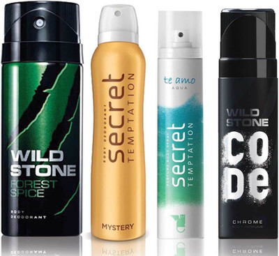 

Wild Stone Forest Spice Deodorant (150 ml), Code Chrome Body Perfume(120 ml) and ST Mystery Deodorant (150 ml), Te Amo Aqua Body Perfume (120 ml), Pack of 4 Perfume Body Spray - For Men & Women(540 ml, Pack of 4)