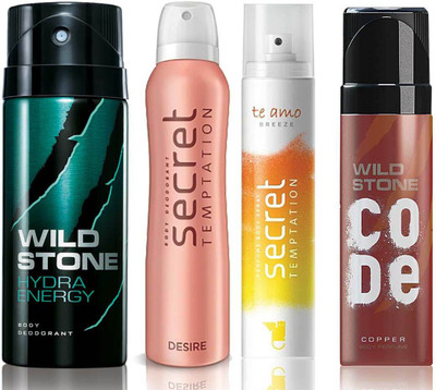 

Wild Stone Hydra Energy Deodorant (150 ml), Code Copper Perfume(120 ml) and ST Desire Deodorant (150 ml), Te Amo Breeze Body Perfume (120 ml), Pack of 4 Perfume Body Spray - For Men & Women(540 ml, Pack of 4)