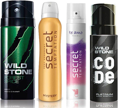 

Wild Stone Forest Spice Deodorant (150 ml), Code Platinum Body Perfume(120 ml) and ST Mystery Deodorant (150 ml), Te Amo Pearl Body Perfume (120 ml), Pack of 4 Perfume Body Spray - For Men & Women(540 ml, Pack of 4)