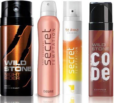 

Wild Stone Night Rider Deodorant (150 ml), Code Copper Perfume(120 ml) and ST Desire Deodorant (150 ml), Te Amo Breeze Body Perfume (120 ml), Pack of 4 Perfume Body Spray - For Men & Women(540 ml, Pack of 4)