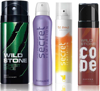 

Wild Stone Forest Spice Deodorant (150 ml), Code Copper Perfume(120 ml) and ST Romance Deodorant (150 ml), Te Amo Breeze Body Perfume (120 ml), Pack of 4 Perfume Body Spray - For Men & Women(540 ml, Pack of 4)