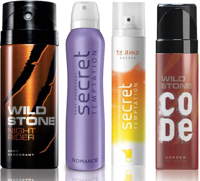 

Wild Stone Night Rider Deodorant (150 ml), Code Copper Perfume(120 ml) and ST Romance Deodorant (150 ml), Te Amo Breeze Body Perfume (120 ml), Pack of 4 Perfume Body Spray - For Men & Women(540 ml, Pack of 4)