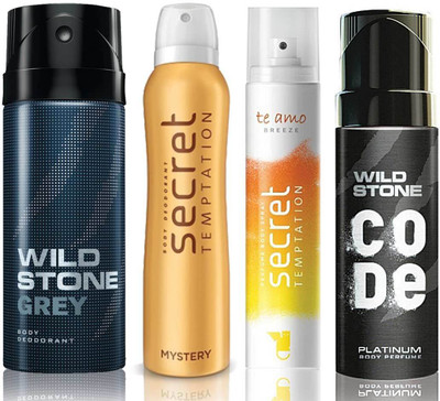 

Wild Stone Grey Deodorant (150 ml), Code Platinum Body Perfume(120 ml) and ST Mystery Deodorant (150 ml), Te Amo Breeze Body Perfume (120 ml), Pack of 4 Perfume Body Spray - For Men & Women(540 ml, Pack of 4)