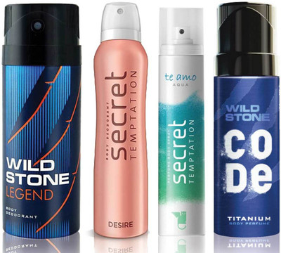 

Wild Stone Legend Deodorant (150 ml), Code Titanium Body Perfume(120 ml) and ST Desire Deodorant (150 ml), Te Amo Aqua Body Perfume (120 ml), Pack of 4 Perfume Body Spray - For Men & Women(540 ml, Pack of 4)
