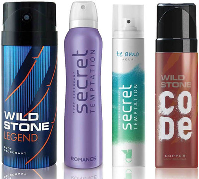 

Wild Stone Legend Deodorant (150 ml), Code Copper Perfume(120 ml) and ST Romance Deodorant (150 ml), Te Amo Aqua Body Perfume (120 ml), Pack of 4 Perfume Body Spray - For Men & Women(540 ml, Pack of 4)
