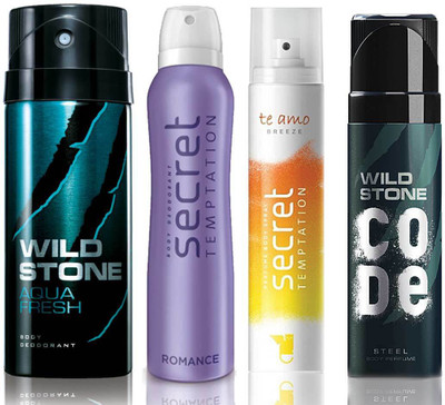 

Wild Stone Aqua Fresh Deodorant (150 ml), Code Steel Body Perfume(120 ml) and ST Romance Deodorant (150 ml), Te Amo Breeze Body Perfume (120 ml), Pack of 4 Perfume Body Spray - For Men & Women(540 ml, Pack of 4)