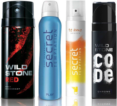 

Wild Stone Red Deodorant (150 ml), Code Chrome Body Perfume(120 ml) and ST Play Deodorant (150 ml), Te Amo Breeze Body Perfume (120 ml), Pack of 4 Perfume Body Spray - For Men & Women(540 ml, Pack of 4)