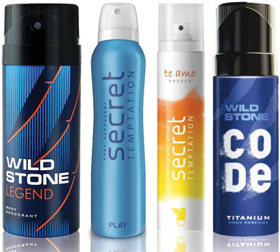 

Wild Stone Legend Deodorant (150 ml), Code Titanium Body Perfume(120 ml) and ST Play Deodorant (150 ml), Te Amo Breeze Body Perfume (120 ml), Pack of 4 Perfume Body Spray - For Men & Women(540 ml, Pack of 4)