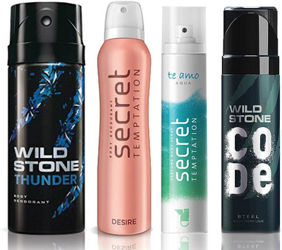 

Wild Stone Thunder Deodorant (150 ml), Code Steel Body Perfume(120 ml) and ST Desire Deodorant (150 ml), Te Amo Aqua Body Perfume (120 ml), Pack of 4 Perfume Body Spray - For Men & Women(540 ml, Pack of 4)