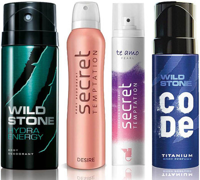 

Wild Stone Hydra Energy Deodorant (150 ml), Code Titanium Body Perfume(120 ml) and ST Desire Deodorant (150 ml), Te Amo Pearl Body Perfume (120 ml), Pack of 4 Perfume Body Spray - For Men & Women(540 ml, Pack of 4)