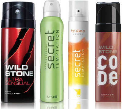 

Wild Stone Ultra Sensual Deodorant (150 ml), Code Copper Perfume(120 ml) and ST Affair Deodorant (150 ml), Te Amo Breeze Body Perfume (120 ml), Pack of 4 Perfume Body Spray - For Men & Women(540 ml, Pack of 4)