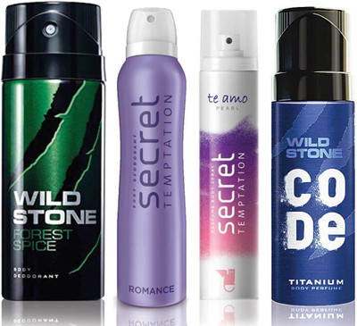 

Wild Stone Forest Spice Deodorant (150 ml), Code Titanium Body Perfume(120 ml) and ST Romance Deodorant (150 ml), Te Amo Pearl Body Perfume (120 ml), Pack of 4 Perfume Body Spray - For Men & Women(540 ml, Pack of 4)