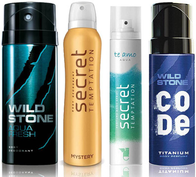 

Wild Stone Aqua Fresh Deodorant (150 ml), Code Titanium Body Perfume(120 ml) and ST Mystery Deodorant (150 ml), Te Amo Aqua Body Perfume (120 ml), Pack of 4 Perfume Body Spray - For Men & Women(540 ml, Pack of 4)