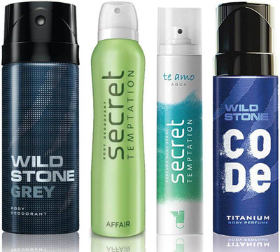 

Wild Stone Grey Deodorant (150 ml), Code Titanium Body Perfume(120 ml) and ST Affair Deodorant (150 ml), Te Amo Aqua Body Perfume (120 ml), Pack of 4 Perfume Body Spray - For Men & Women(540 ml, Pack of 4)