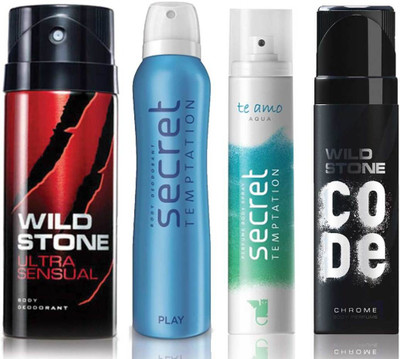 

Wild Stone Ultra Sensual Deodorant (150 ml), Code Chrome Body Perfume(120 ml) and ST Play Deodorant (150 ml), Te Amo Aqua Body Perfume (120 ml), Pack of 4 Perfume Body Spray - For Men & Women(540 ml, Pack of 4)
