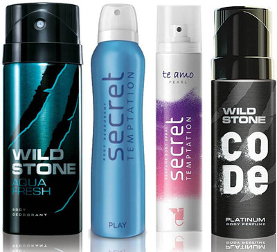 

Wild Stone Aqua Fresh Deodorant (150 ml), Code Platinum Body Perfume(120 ml) and ST Play Deodorant (150 ml), Te Amo Pearl Body Perfume (120 ml), Pack of 4 Perfume Body Spray - For Men & Women(540 ml, Pack of 4)