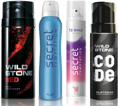 

Wild Stone Red Deodorant (150 ml), Code Platinum Body Perfume(120 ml) and ST Play Deodorant (150 ml), Te Amo Pearl Body Perfume (120 ml), Pack of 4 Perfume Body Spray - For Men & Women(540 ml, Pack of 4)