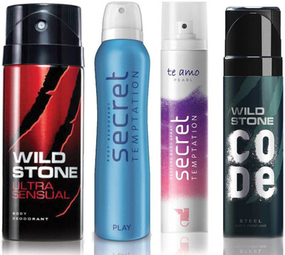 

Wild Stone Ultra Sensual Deodorant (150 ml), Code Steel Body Perfume(120 ml) and ST Play Deodorant (150 ml), Te Amo Pearl Body Perfume (120 ml), Pack of 4 Perfume Body Spray - For Men & Women(540 ml, Pack of 4)