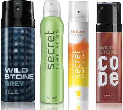 

Wild Stone Grey Deodorant (150 ml), Code Copper Perfume(120 ml) and ST Affair Deodorant (150 ml), Te Amo Breeze Body Perfume (120 ml), Pack of 4 Perfume Body Spray - For Men & Women(540 ml, Pack of 4)