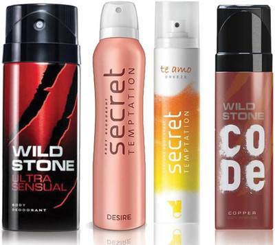 

Wild Stone Ultra Sensual Deodorant (150 ml), Code Copper Perfume(120 ml) and ST Desire Deodorant (150 ml), Te Amo Breeze Body Perfume (120 ml), Pack of 4 Perfume Body Spray - For Men & Women(540 ml, Pack of 4)