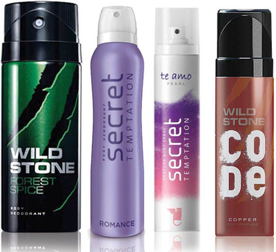 

Wild Stone Forest Spice Deodorant (150 ml), Code Copper Perfume(120 ml) and ST Romance Deodorant (150 ml), Te Amo Pearl Body Perfume (120 ml), Pack of 4 Perfume Body Spray - For Men & Women(540 ml, Pack of 4)