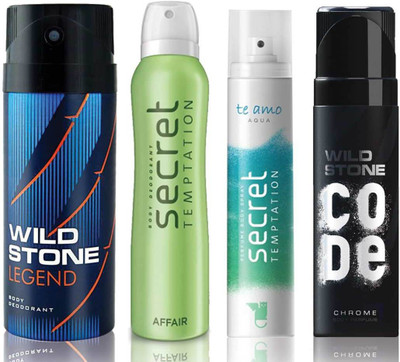 

Wild Stone Legend Deodorant (150 ml), Code Chrome Body Perfume(120 ml) and ST Affair Deodorant (150 ml), Te Amo Aqua Body Perfume (120 ml), Pack of 4 Perfume Body Spray - For Men & Women(540 ml, Pack of 4)