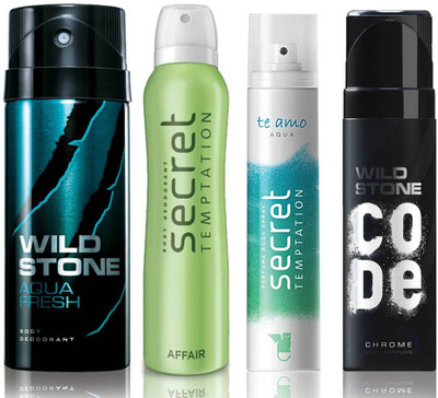 

Wild Stone Aqua Fresh Deodorant (150 ml), Code Chrome Body Perfume(120 ml) and ST Affair Deodorant (150 ml), Te Amo Aqua Body Perfume (120 ml), Pack of 4 Perfume Body Spray - For Men & Women(540 ml, Pack of 4)