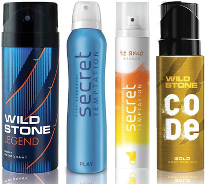 

Wild Stone Legend Deodorant (150 ml), Code Gold Body Perfume(120 ml) and ST Play Deodorant (150 ml), Te Amo Breeze Body Perfume (120 ml), Pack of 4 Perfume Body Spray - For Men & Women(540 ml, Pack of 4)