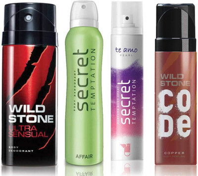 

Wild Stone Ultra Sensual Deodorant (150 ml), Code Copper Perfume(120 ml) and ST Affair Deodorant (150 ml), Te Amo Pearl Body Perfume (120 ml), Pack of 4 Perfume Body Spray - For Men & Women(540 ml, Pack of 4)