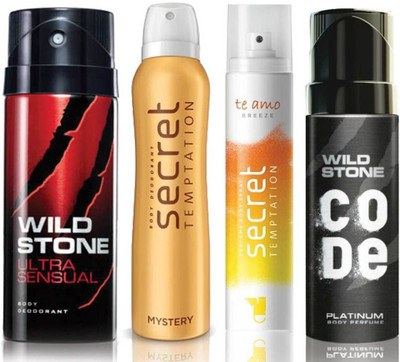 

Wild Stone Ultra Sensual Deodorant (150 ml), Code Platinum Body Perfume(120 ml) and ST Mystery Deodorant (150 ml), Te Amo Breeze Body Perfume (120 ml), Pack of 4 Perfume Body Spray - For Men & Women(540 ml, Pack of 4)