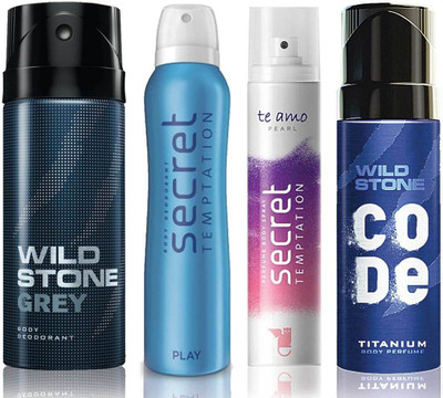 

Wild Stone Grey Deodorant (150 ml), Code Titanium Body Perfume(120 ml) and ST Play Deodorant (150 ml), Te Amo Pearl Body Perfume (120 ml), Pack of 4 Perfume Body Spray - For Men & Women(540 ml, Pack of 4)