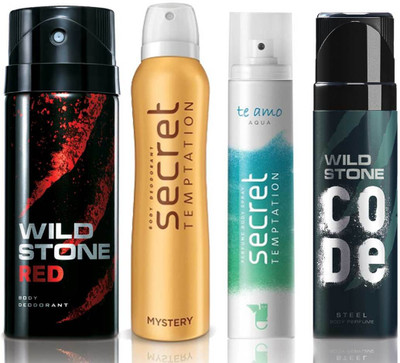 

Wild Stone Red Deodorant (150 ml), Code Steel Body Perfume(120 ml) and ST Mystery Deodorant (150 ml), Te Amo Aqua Body Perfume (120 ml), Pack of 4 Perfume Body Spray - For Men & Women(540 ml, Pack of 4)