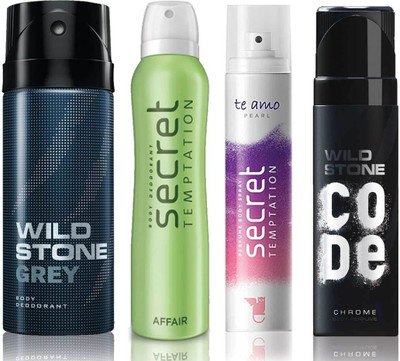 Wild Stone Grey Deodorant (150 ml), Code Chrome Body Perfume(120 ml) and ST Affair Deodorant (150 ml), Te Amo Pearl Body Perfume (120 ml), Pack of 4 Perfume Body Spray - For Men & Women(540 ml, Pack of 4)