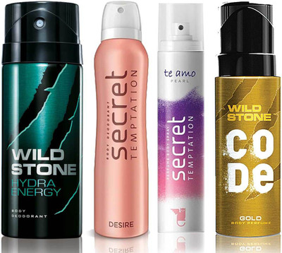 

Wild Stone Hydra Energy Deodorant (150 ml), Code Gold Body Perfume(120 ml) and ST Desire Deodorant (150 ml), Te Amo Pearl Body Perfume (120 ml), Pack of 4 Perfume Body Spray - For Men & Women(540 ml, Pack of 4)