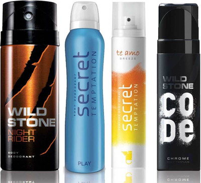 

Wild Stone Night Rider Deodorant (150 ml), Code Chrome Body Perfume(120 ml) and ST Play Deodorant (150 ml), Te Amo Breeze Body Perfume (120 ml), Pack of 4 Perfume Body Spray - For Men & Women(540 ml, Pack of 4)