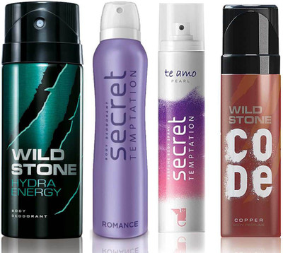 

Wild Stone Hydra Energy Deodorant (150 ml), Code Copper Perfume(120 ml) and ST Romance Deodorant (150 ml), Te Amo Pearl Body Perfume (120 ml), Pack of 4 Perfume Body Spray - For Men & Women(540 ml, Pack of 4)