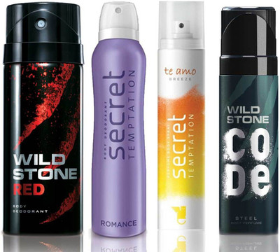 

Wild Stone Red Deodorant (150 ml), Code Steel Body Perfume(120 ml) and ST Romance Deodorant (150 ml), Te Amo Breeze Body Perfume (120 ml), Pack of 4 Perfume Body Spray - For Men & Women(540 ml, Pack of 4)