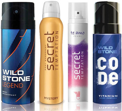 

Wild Stone Legend Deodorant (150 ml), Code Titanium Body Perfume(120 ml) and ST Mystery Deodorant (150 ml), Te Amo Pearl Body Perfume (120 ml), Pack of 4 Perfume Body Spray - For Men & Women(540 ml, Pack of 4)