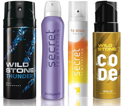 

Wild Stone Thunder Deodorant (150 ml), Code Gold Body Perfume(120 ml) and ST Romance Deodorant (150 ml), Te Amo Breeze Body Perfume (120 ml), Pack of 4 Perfume Body Spray - For Men & Women(540 ml, Pack of 4)