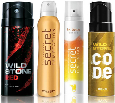 

Wild Stone Red Deodorant (150 ml), Code Gold Body Perfume(120 ml) and ST Mystery Deodorant (150 ml), Te Amo Breeze Body Perfume (120 ml), Pack of 4 Perfume Body Spray - For Men & Women(540 ml, Pack of 4)