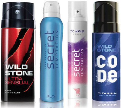 

Wild Stone Ultra Sensual Deodorant (150 ml), Code Titanium Body Perfume(120 ml) and ST Play Deodorant (150 ml), Te Amo Pearl Body Perfume (120 ml), Pack of 4 Perfume Body Spray - For Men & Women(540 ml, Pack of 4)