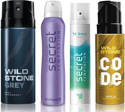 

Wild Stone Grey Deodorant (150 ml), Code Gold Body Perfume(120 ml) and ST Romance Deodorant (150 ml), Te Amo Aqua Body Perfume (120 ml), Pack of 4 Perfume Body Spray - For Men & Women(540 ml, Pack of 4)