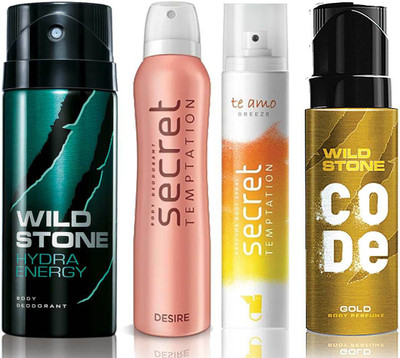 

Wild Stone Hydra Energy Deodorant (150 ml), Code Gold Body Perfume(120 ml) and ST Desire Deodorant (150 ml), Te Amo Breeze Body Perfume (120 ml), Pack of 4 Perfume Body Spray - For Men & Women(540 ml, Pack of 4)