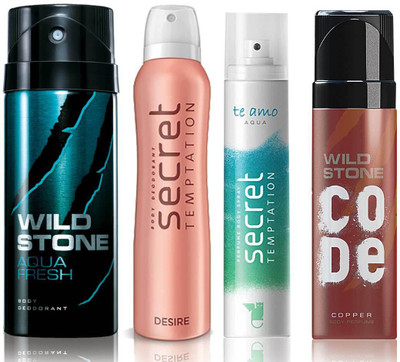 

Wild Stone Aqua Fresh Deodorant (150 ml), Code Copper Perfume(120 ml) and ST Desire Deodorant (150 ml), Te Amo Aqua Body Perfume (120 ml), Pack of 4 Perfume Body Spray - For Men & Women(540 ml, Pack of 4)