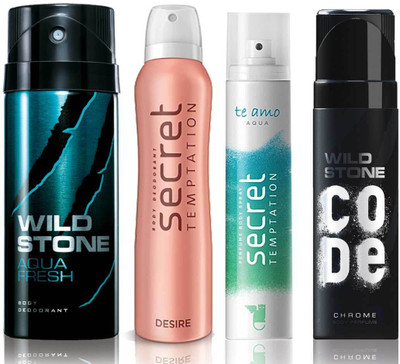 

Wild Stone Aqua Fresh Deodorant (150 ml), Code Chrome Body Perfume(120 ml) and ST Desire Deodorant (150 ml), Te Amo Aqua Body Perfume (120 ml), Pack of 4 Perfume Body Spray - For Men & Women(540 ml, Pack of 4)