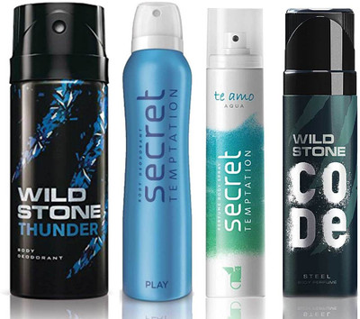 

Wild Stone Thunder Deodorant (150 ml), Code Steel Body Perfume(120 ml) and ST Play Deodorant (150 ml), Te Amo Aqua Body Perfume (120 ml), Pack of 4 Perfume Body Spray - For Men & Women(540 ml, Pack of 4)